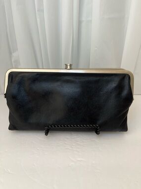HOBO Black Leather Frame Clutch with Silver Trim
